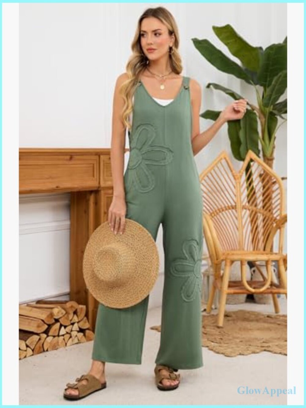 Baggy Wide Leg Jumpsuit Floral Pockets Loose Sleeveless Romper - Picture 5 of 7